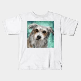 Painting of a Cute Hairy Dog, Looking Directly at You, Turquoise Background Kids T-Shirt